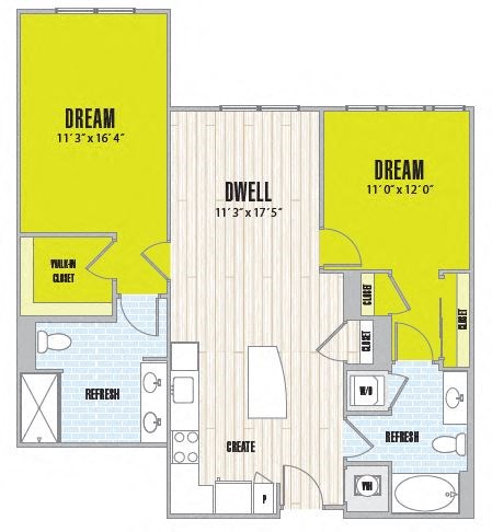 Floor plan for 2 beds, 2 baths, 1093 sqft